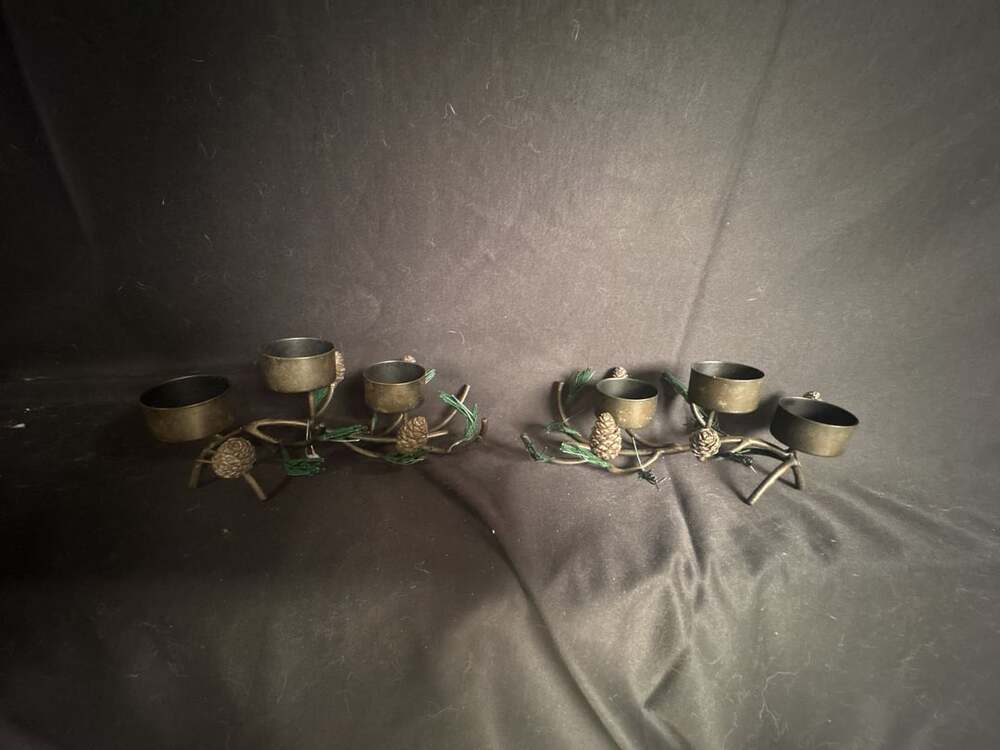 Rustic Metal Pinecone and Pine Branch Candle Holder Centerpiece